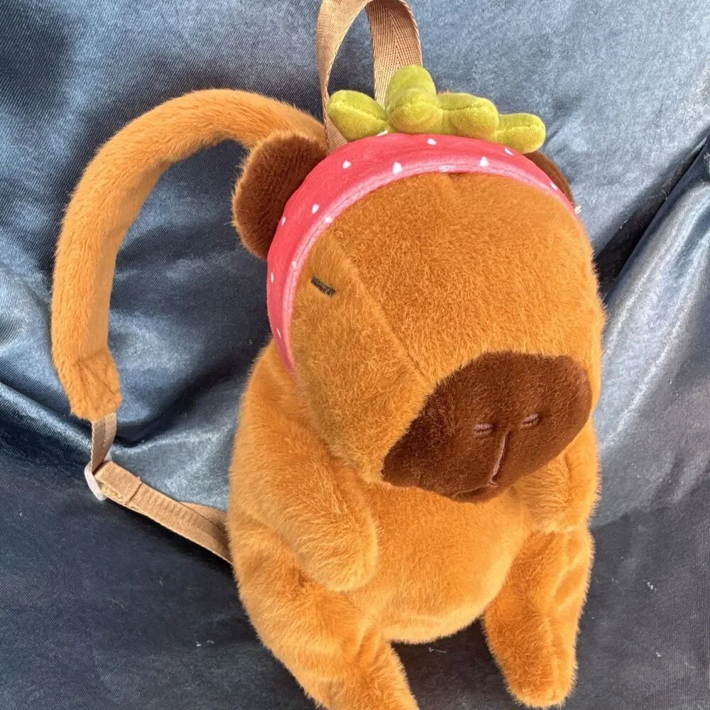 Carried Away Strawberry Capybara 3D Plush Backpack Mini Bag - Super Cute!